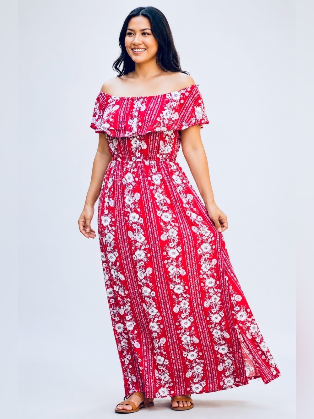 Floral Off The Shoulder Maxi Dress Red Crinkly High Slit Boho Beach S tropical L